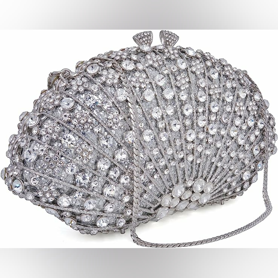 New Shell Shape Clutch Purse Sparkling Bling Crystal Rhinestones Silver Or Gold